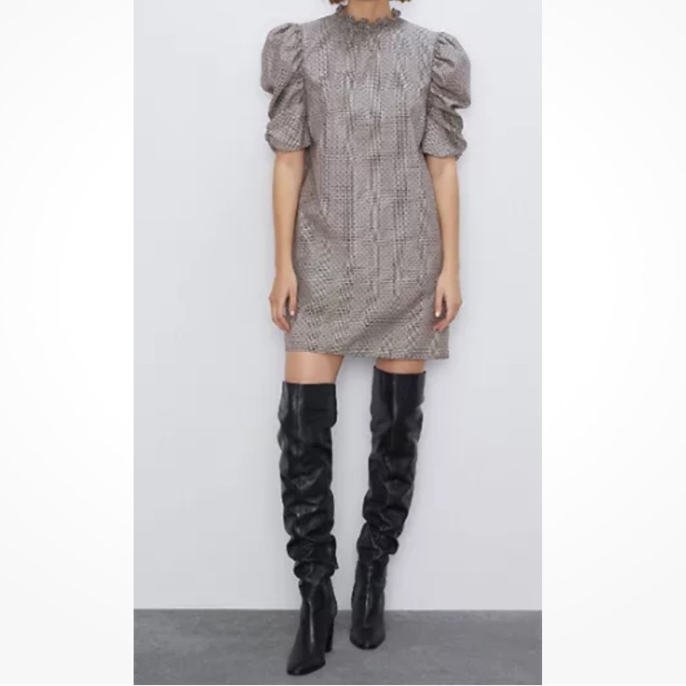 Zara | Puff Sleeve polka Dot Plaid Mini Dress Size Small